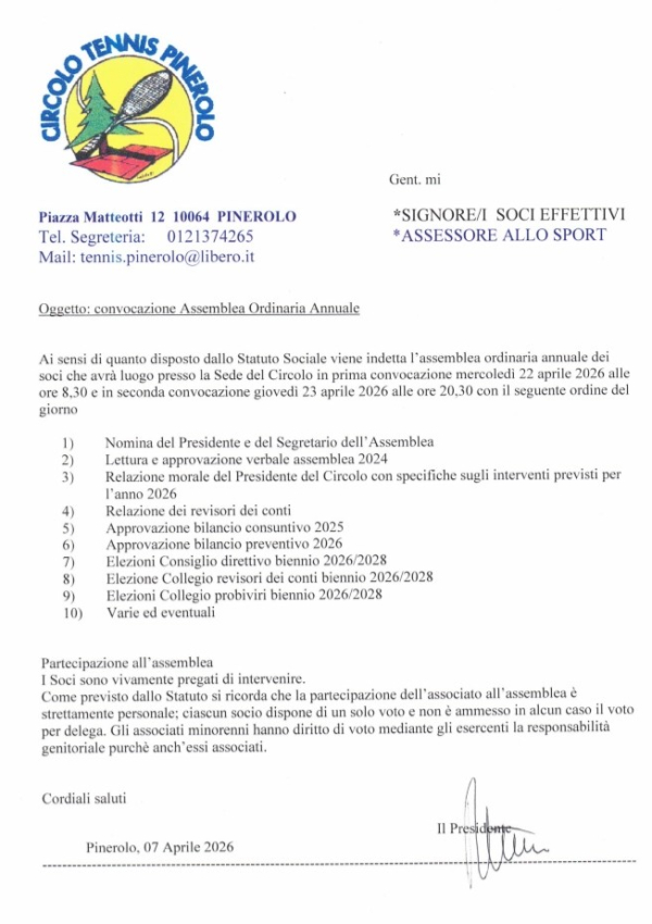 23 Aprile 2026 - CONVOCAZIONE ASSEMBLEA ORDINARIA ANNUALE con ELEZIONE CONSIGLIO DIRETTIVO BIENNIO 2026/2028